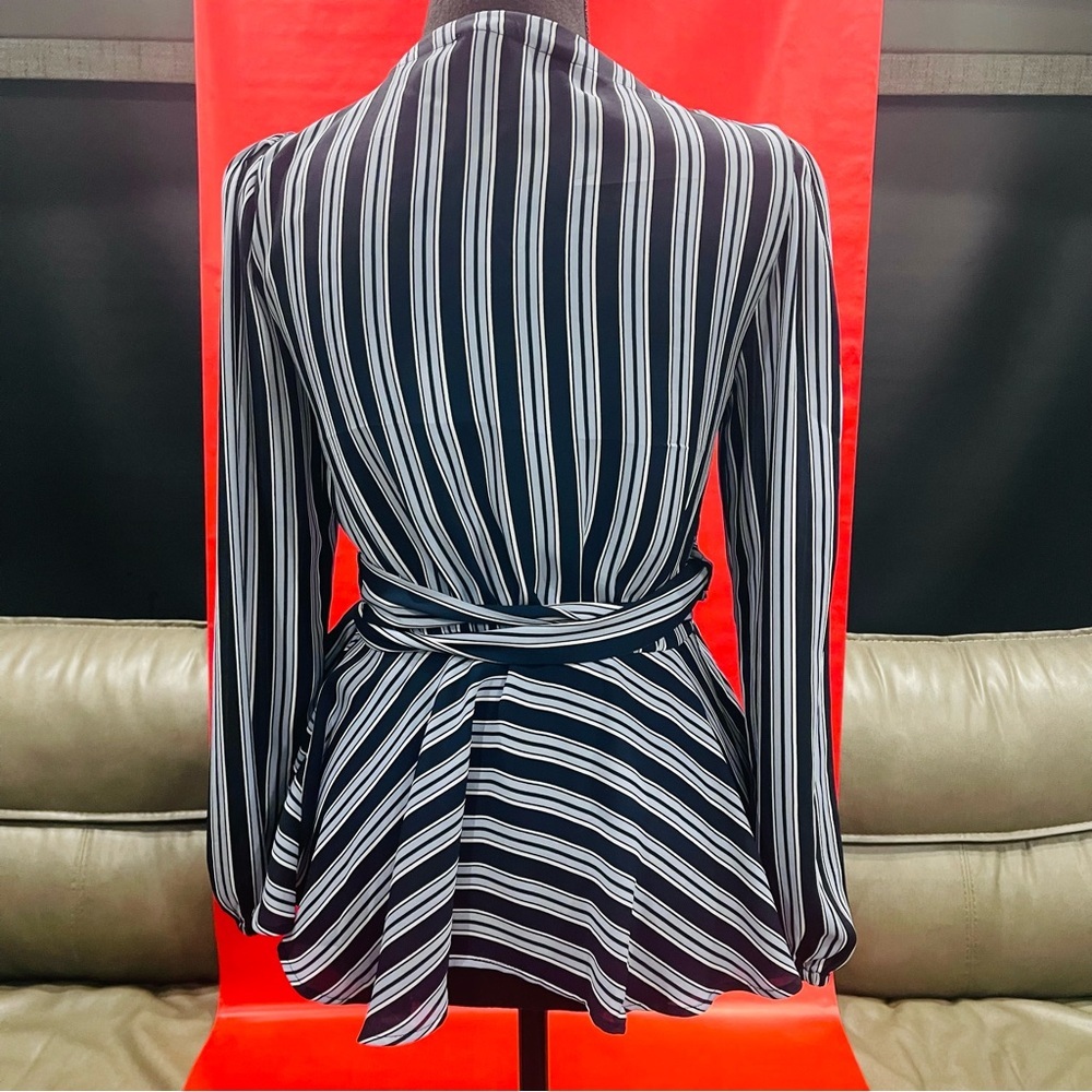 Ann Taylor LOFT Navy Blue Stripe Long Sleeve Wrap Blouse XXS - Picture 4 of 6
